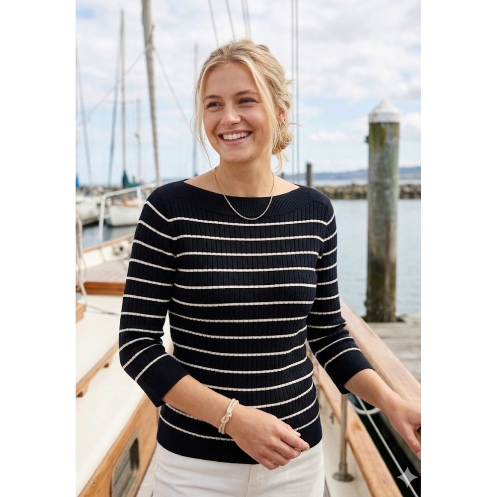 Lauren Ralph Lauren Navy White Striped Ribbed Boatneck Sweater 3/4 Sleeve XL